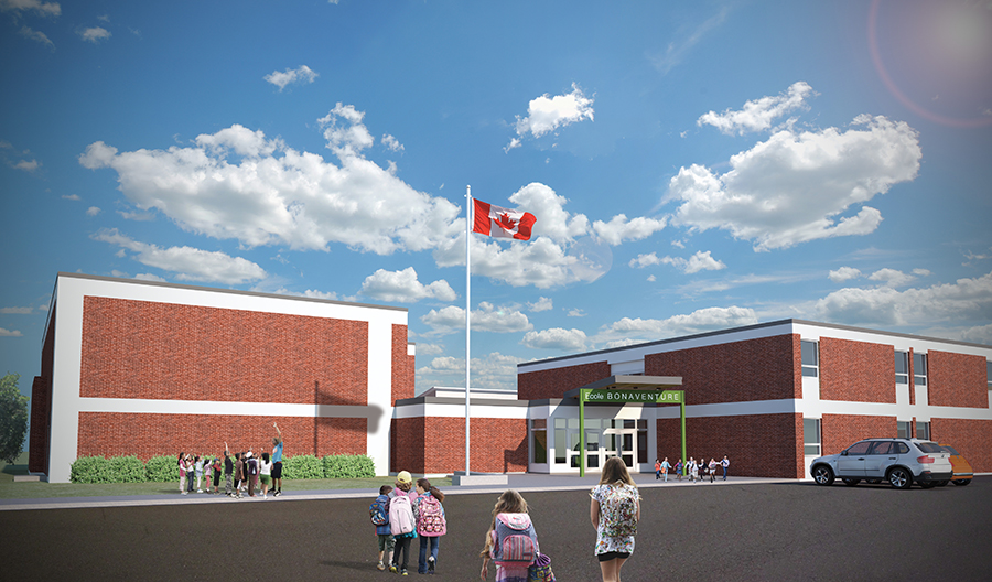 Unit 7 Architecture | Projects - école Bonaventure - RENDERED VIEW OF THE NEW MAIN ENTRANCE AND GYMNASIUM ADDITION TO THE SOUTH