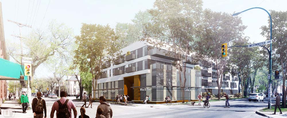 Unit 7 Architecture | Projects - 710 Westminster - RENDERED VIEW OF THE COMPLEX AS SEEN FROM WESTMINSTER UNITED CHURCH